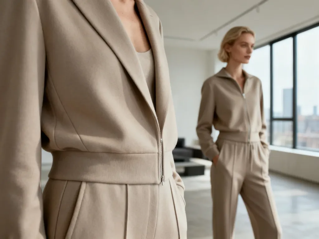 Elegancka kobieta w minimalistycznym, dopasowanym dresie w nowoczesnym lofcie, prezentująca stylizację typu premium.