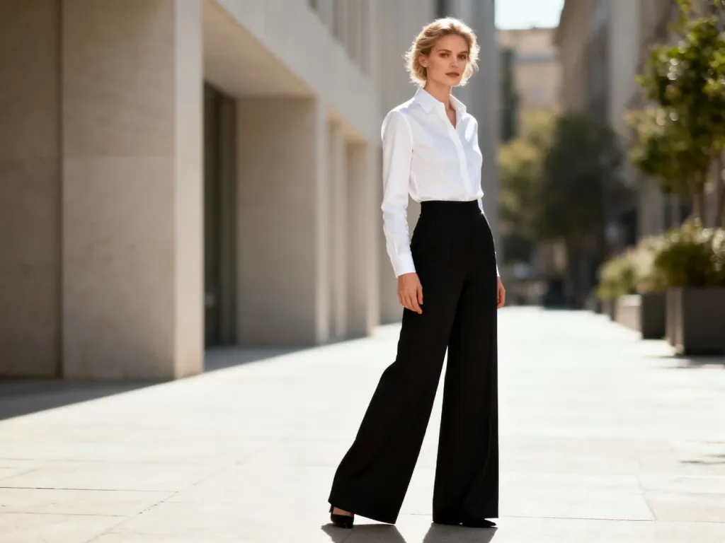Elegancka kobieta w czarnych szerokich spodniach i białej koszuli, prezentująca stylowy miejski look.