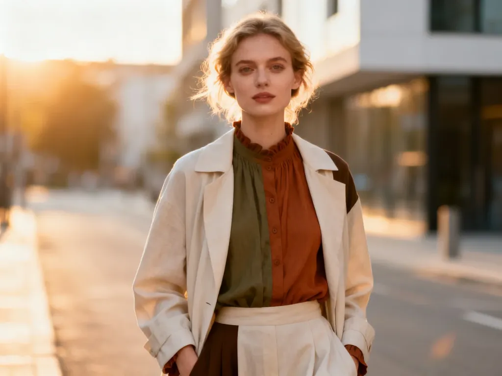Stylowa kobieta w modnej stylizacji łączącej minimalizm z vintage na tle nowoczesnej miejskiej ulicy.