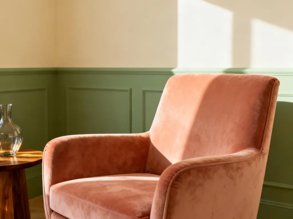 Elegancki salon z łososiowym fotelem, kremowymi ścianami i szałwiowymi akcentami, tworzącymi harmonijną aranżację.